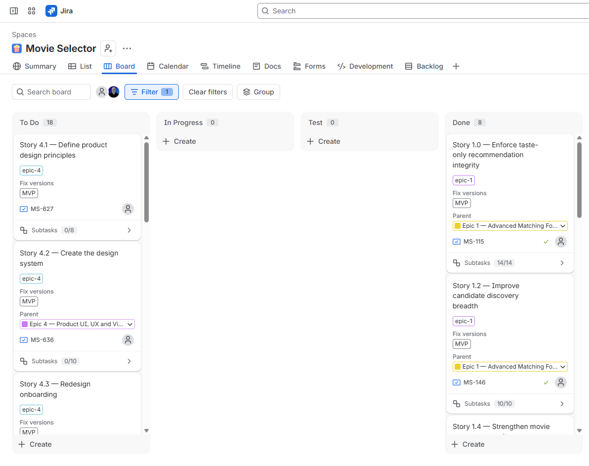 MyNextReel Jira board