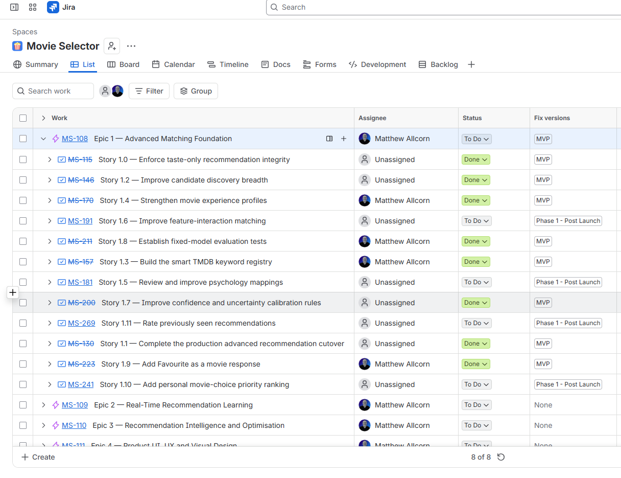 MyNextReel Jira release list