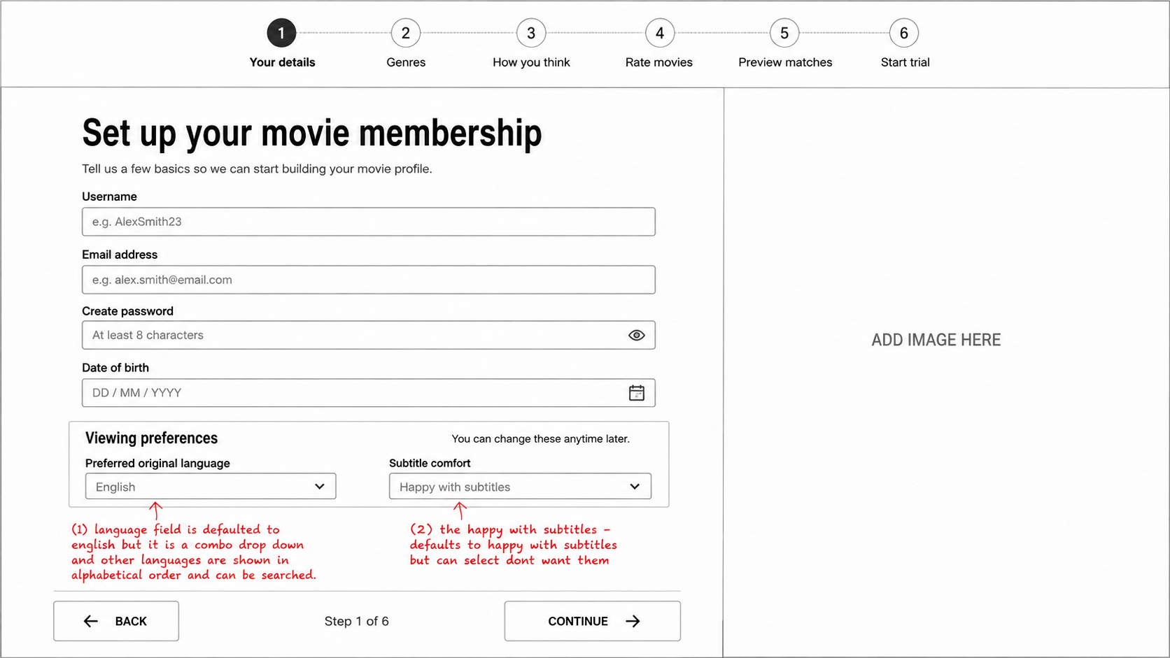 Annotated MyNextReel sign-up wireframe